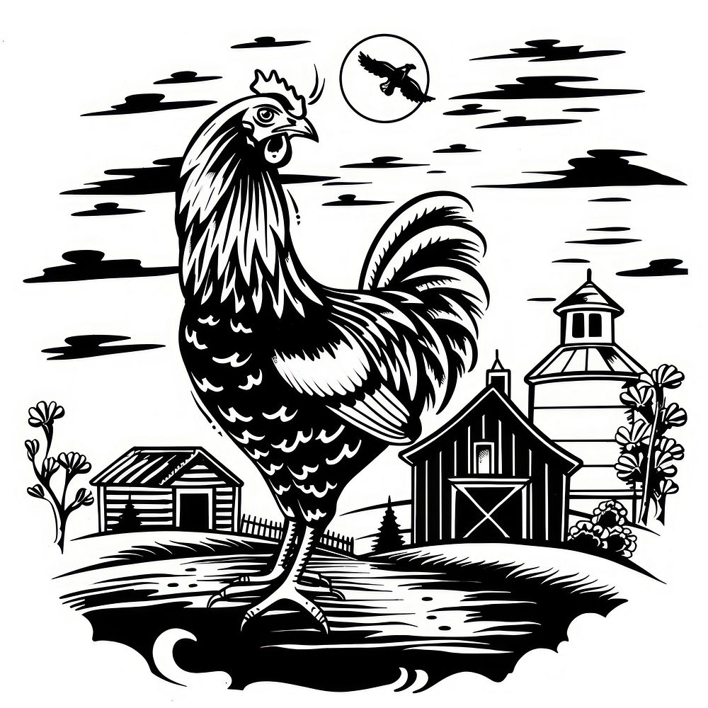 Farm tattoo flash illustration chicken poultry rooster.