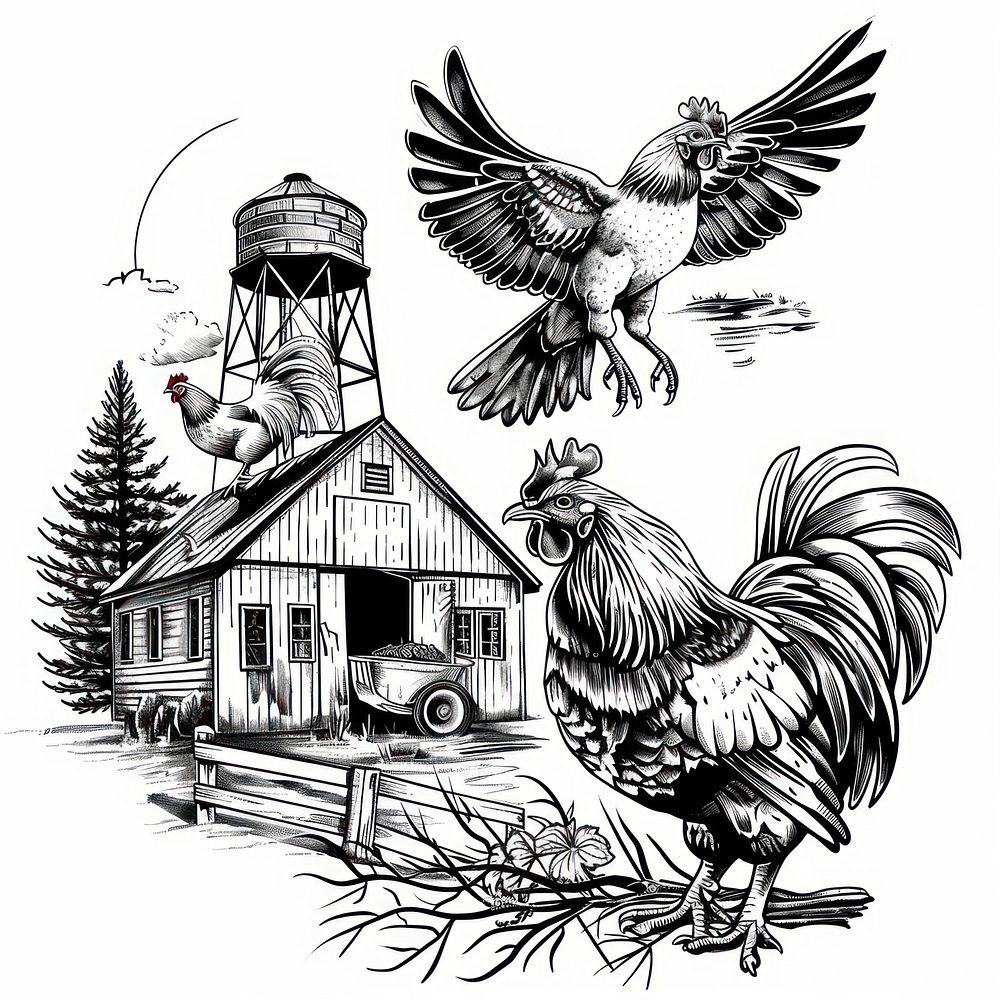Farm tattoo flash illustration illustrated chicken poultry.