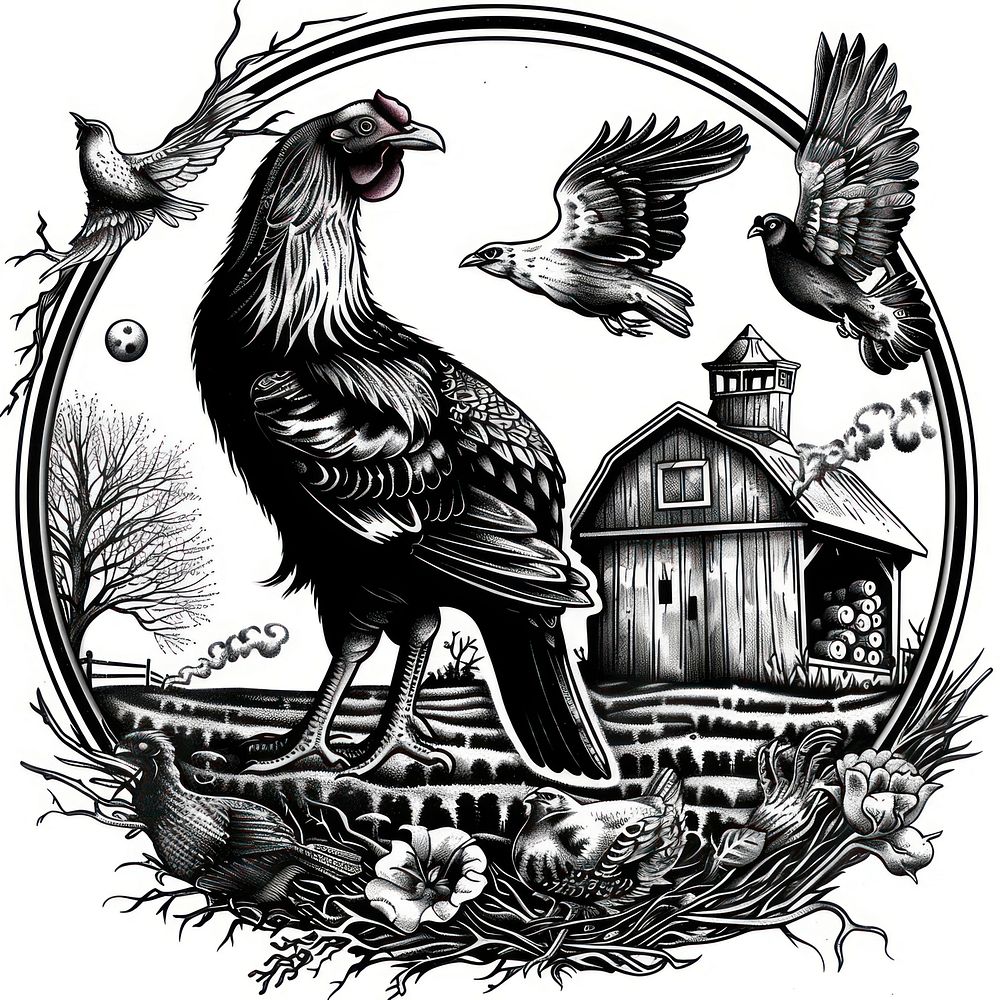 Farm tattoo flash illustration chicken poultry animal.
