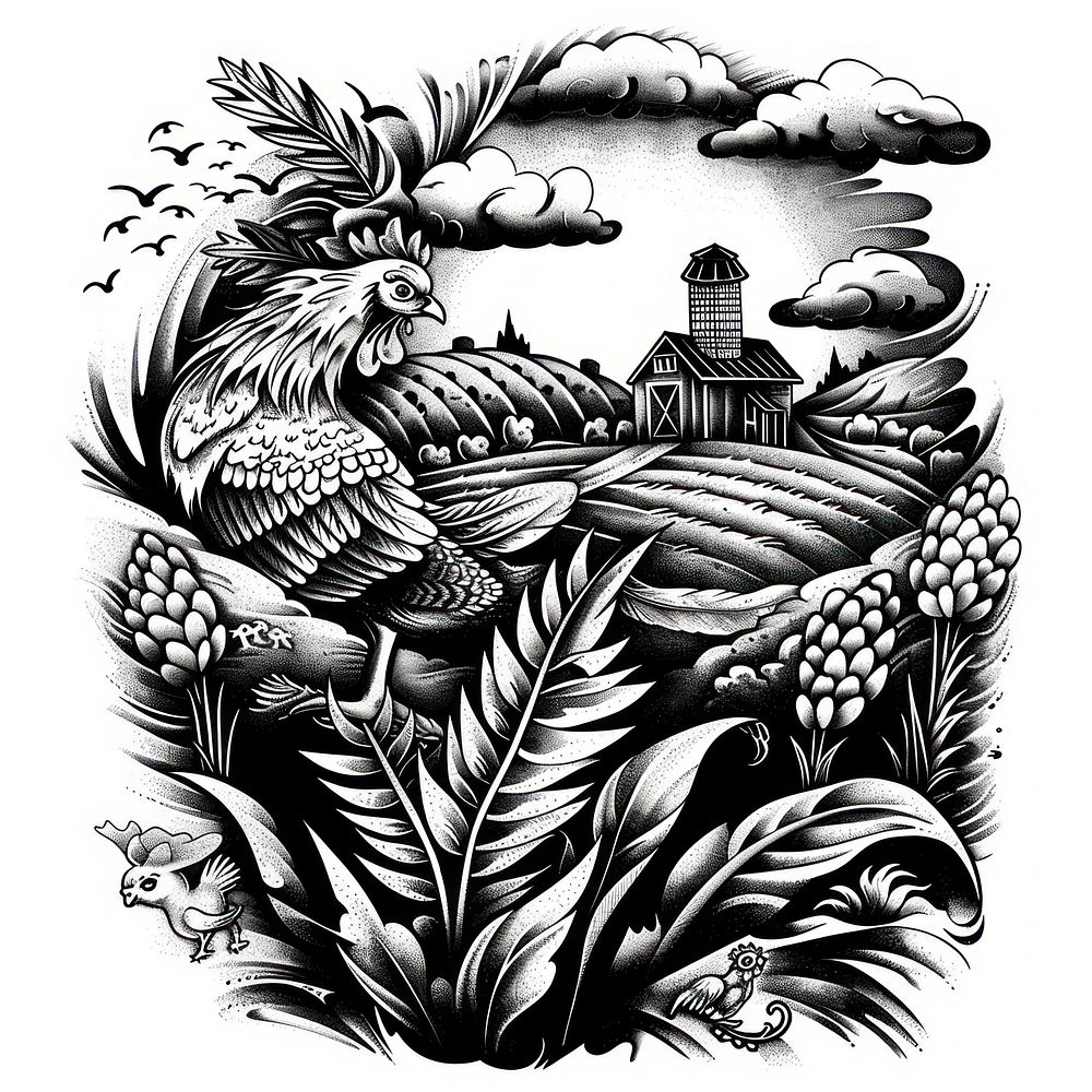 Farm tattoo flash illustration illustrated drawing person.