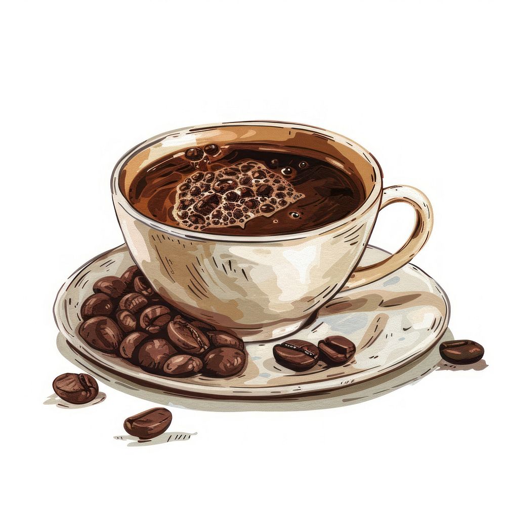 Illustration of hot coffee beverage dessert saucer.