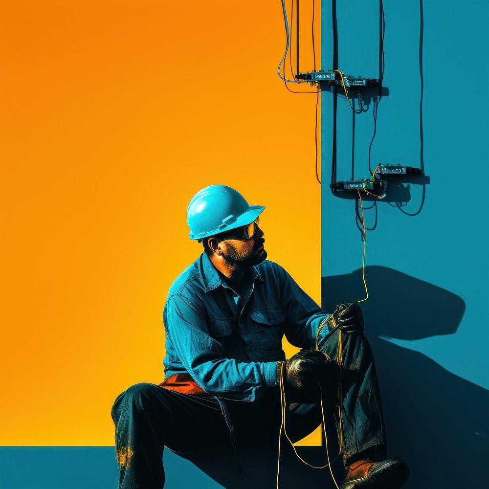 Photo of a Electrician clothing sitting apparel.