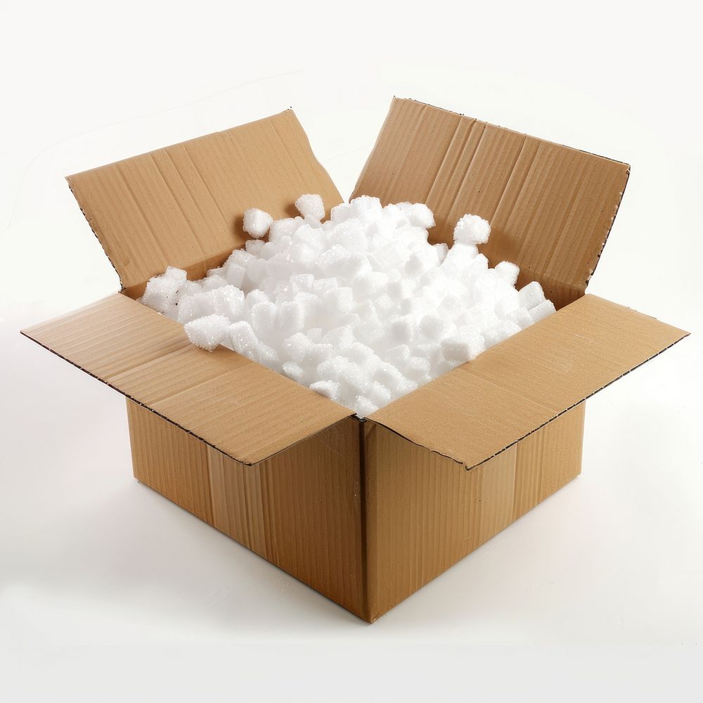 Photo of a square cardboard box filled with white polystyrene foam jacuzzi package carton.