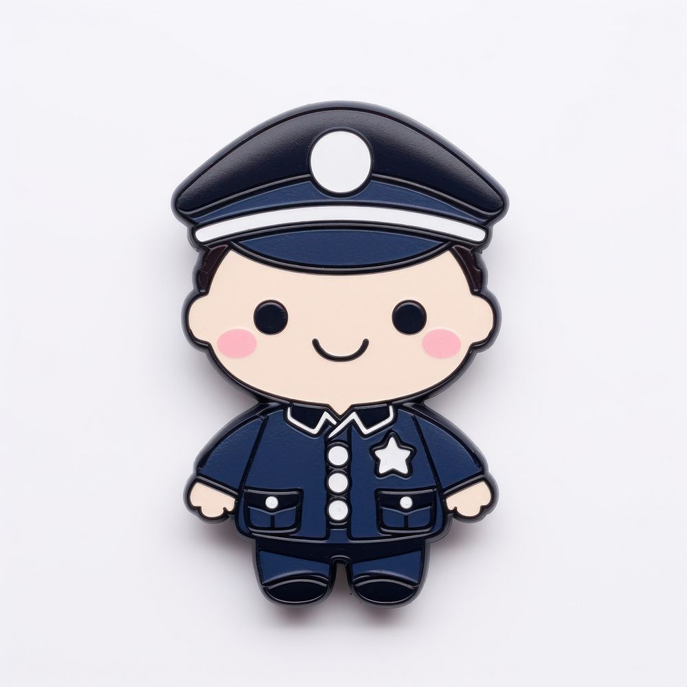 Brooch of cute baby policeman cartoon anthropomorphic representation.