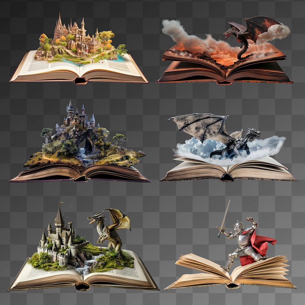 Conceptual opened book fantasy design element set psd