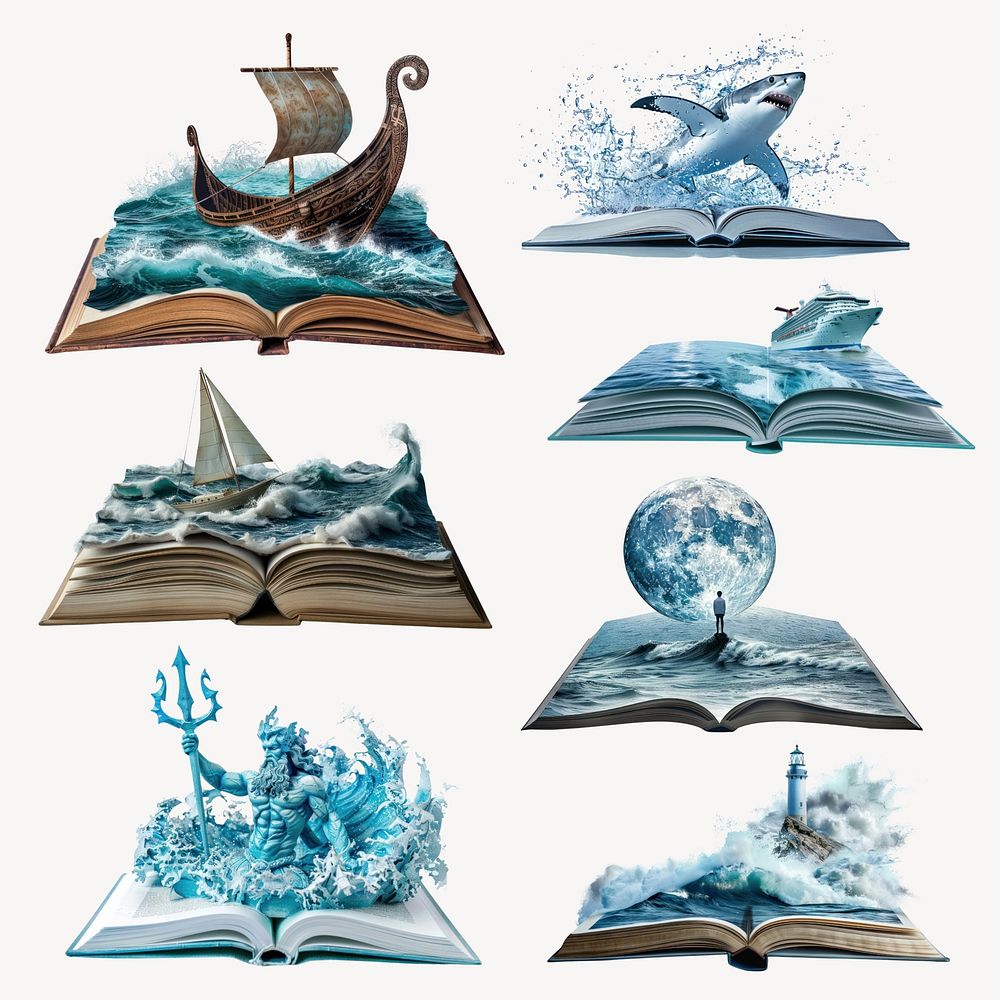 Conceptual opened book ocean design element set psd