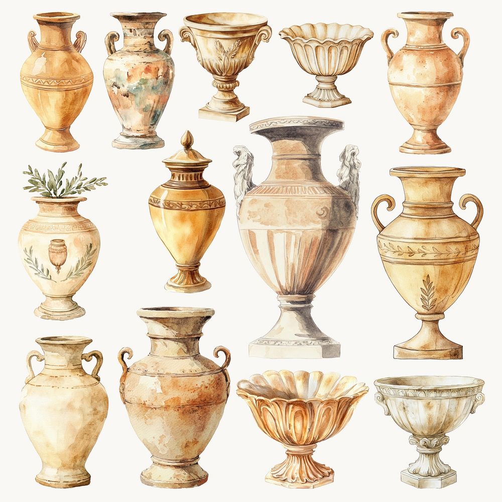 Watercolor Greek classic vase design element set psd