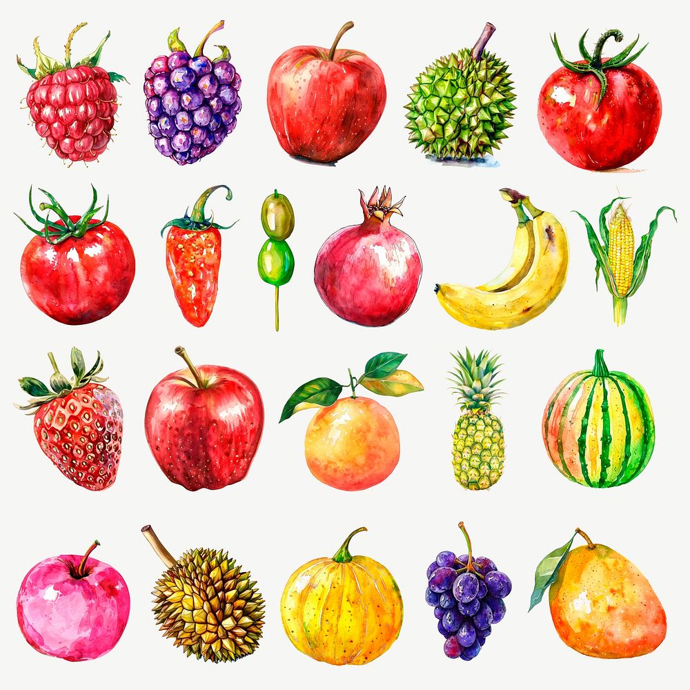 Colorful watercolor fruit design element psd set