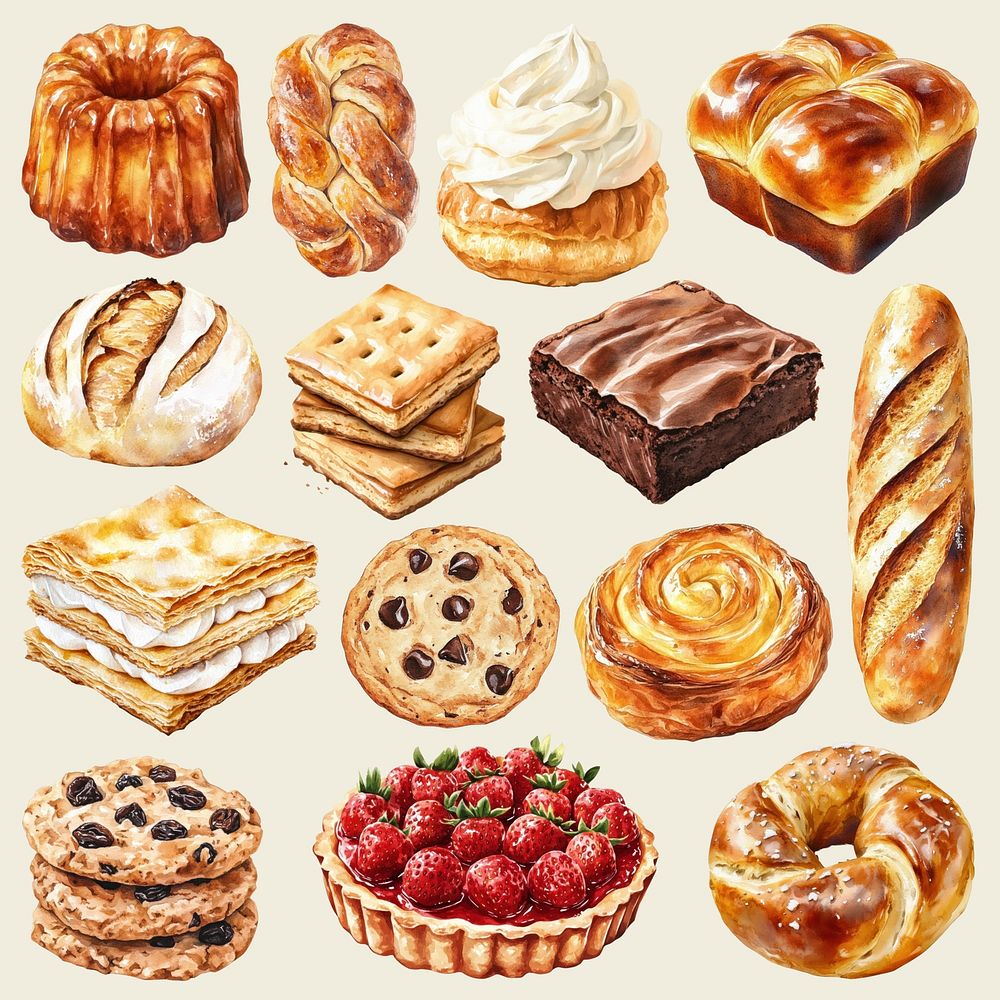 Watercolor bakery and pastry food design element set