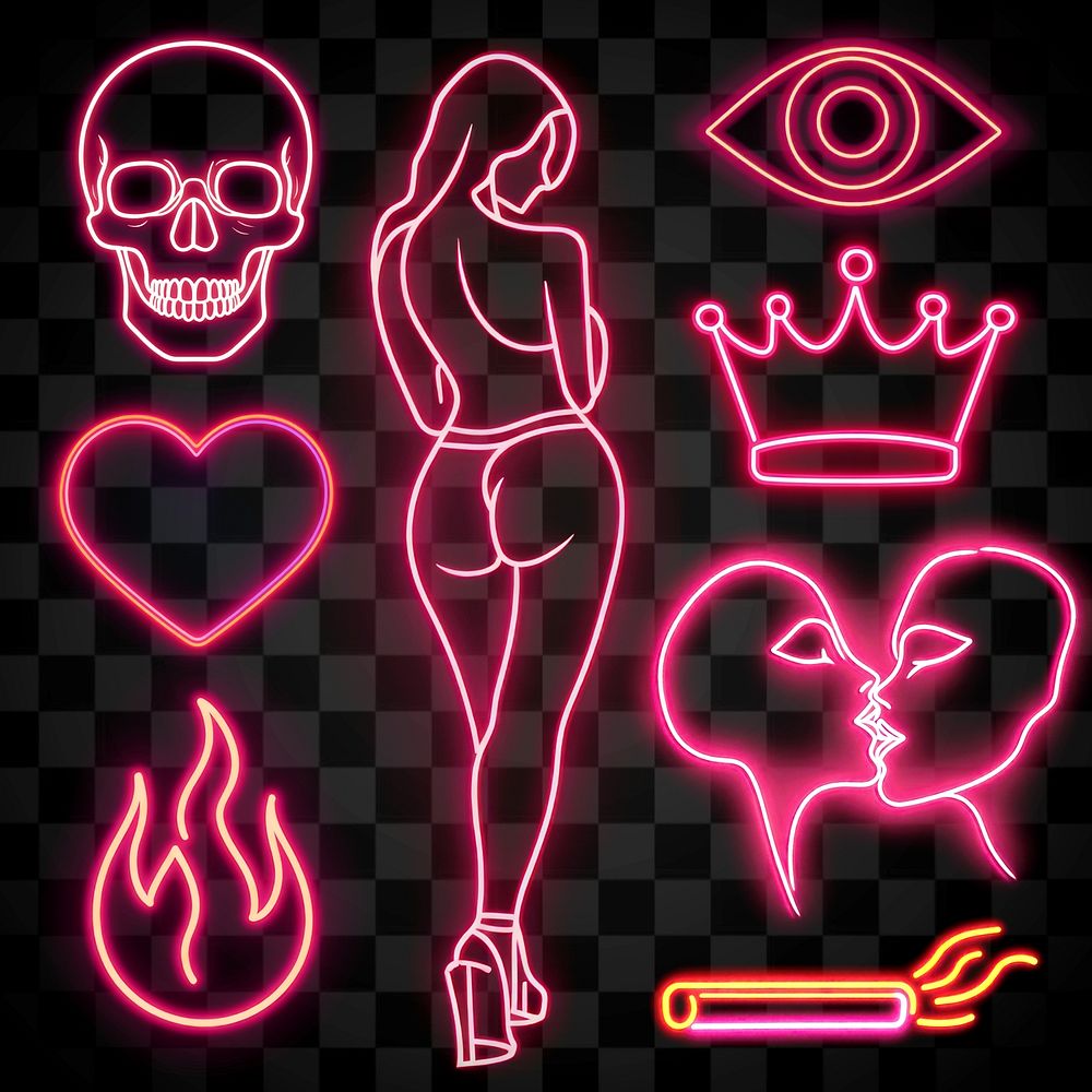 Pink neon illustration design element set