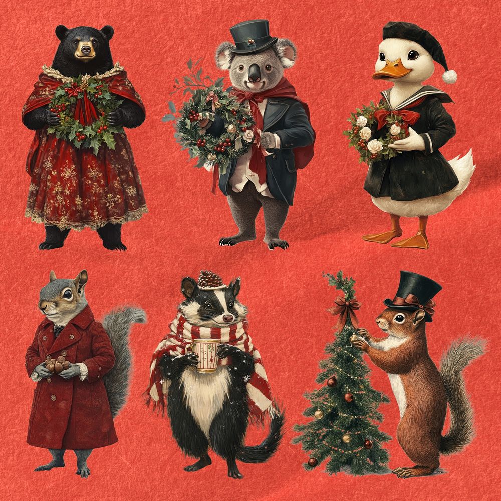 Vintage Christmas animal character illustration design element set