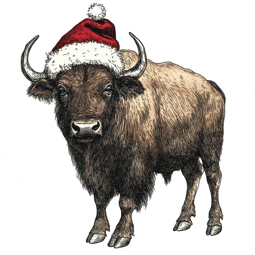 A buffalo wearing christmas hat illustration animal yak.