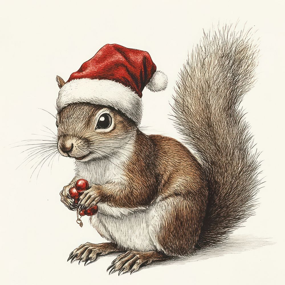 A squirrel wearing christmas hat illustration animal art.