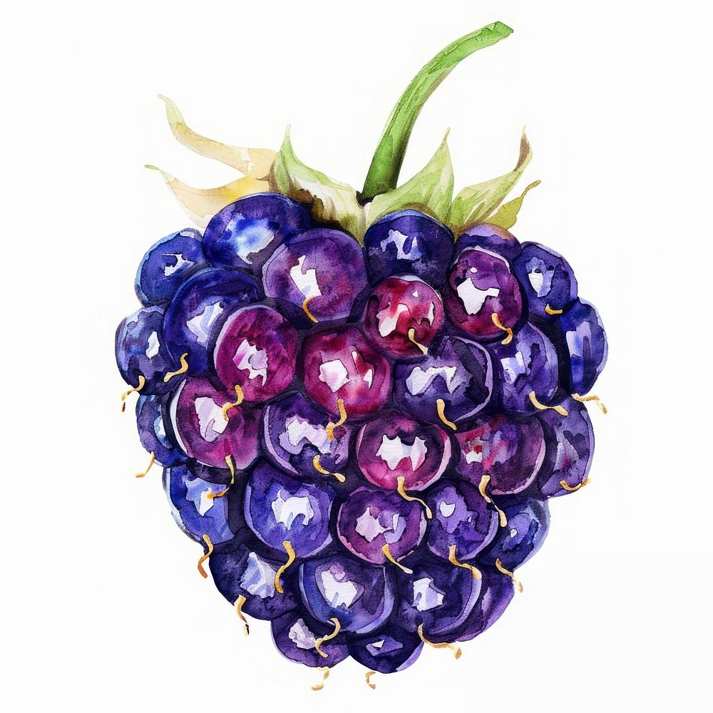 An isolated fresh blackberry illustration watercolor vibrant.