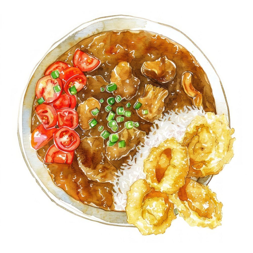 An isolated Japanese curry with Tempura food illustration watercolor.