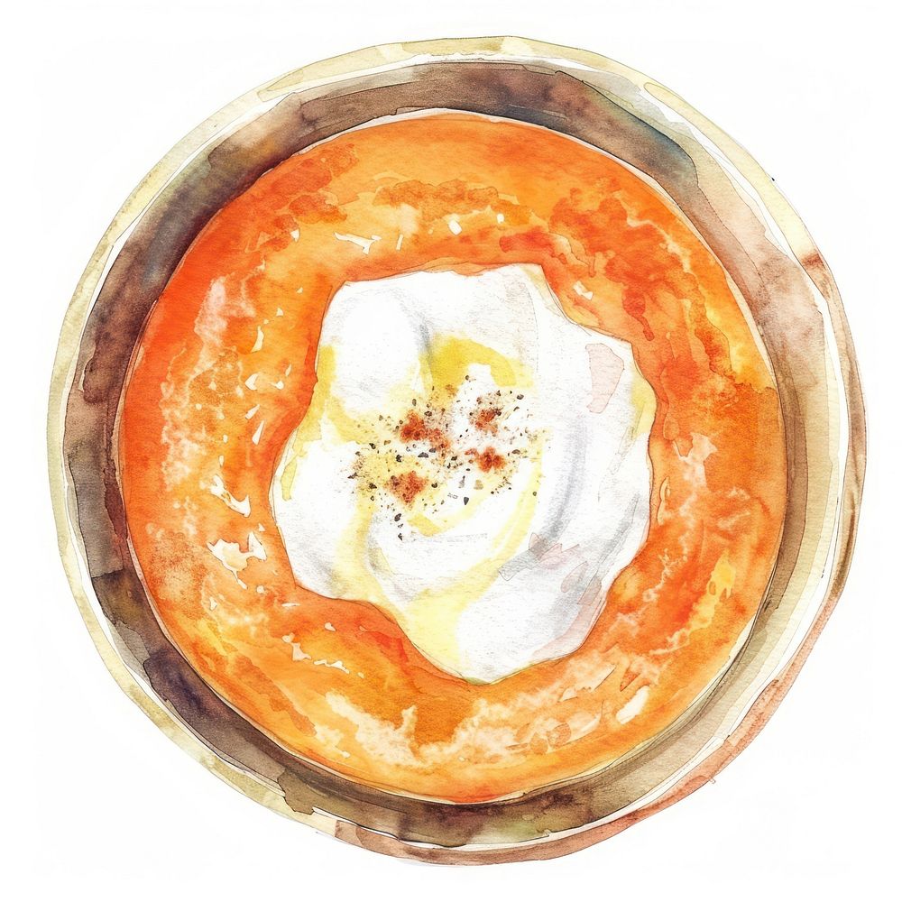 An isolated pumpkin soup with cream as topping food illustration watercolor.