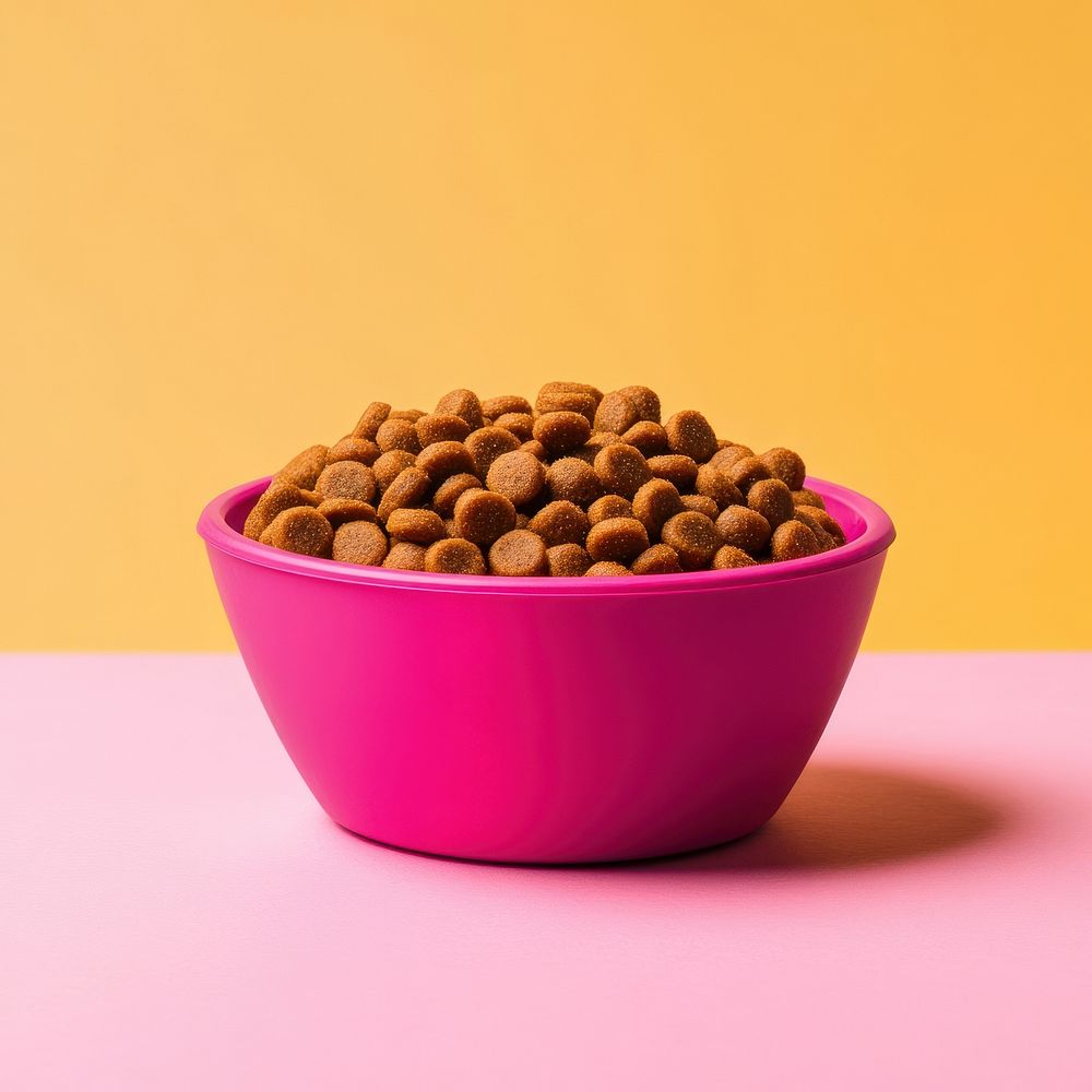 An isolated mixed color dog food in a color dog bowl background nutrition colorful.