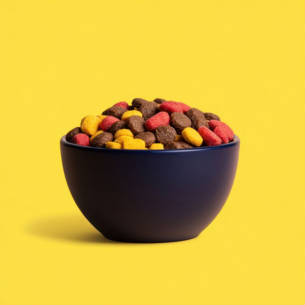 An isolated mixed color dog food in a navy bowl background yellow yellow background.