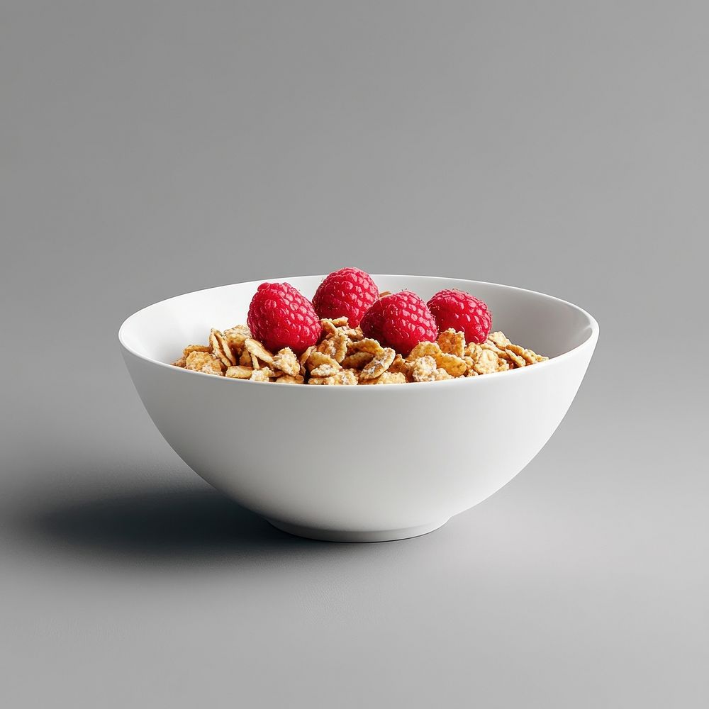 An isolated cereal with raspberry in a clean white bowl raspberries food background.