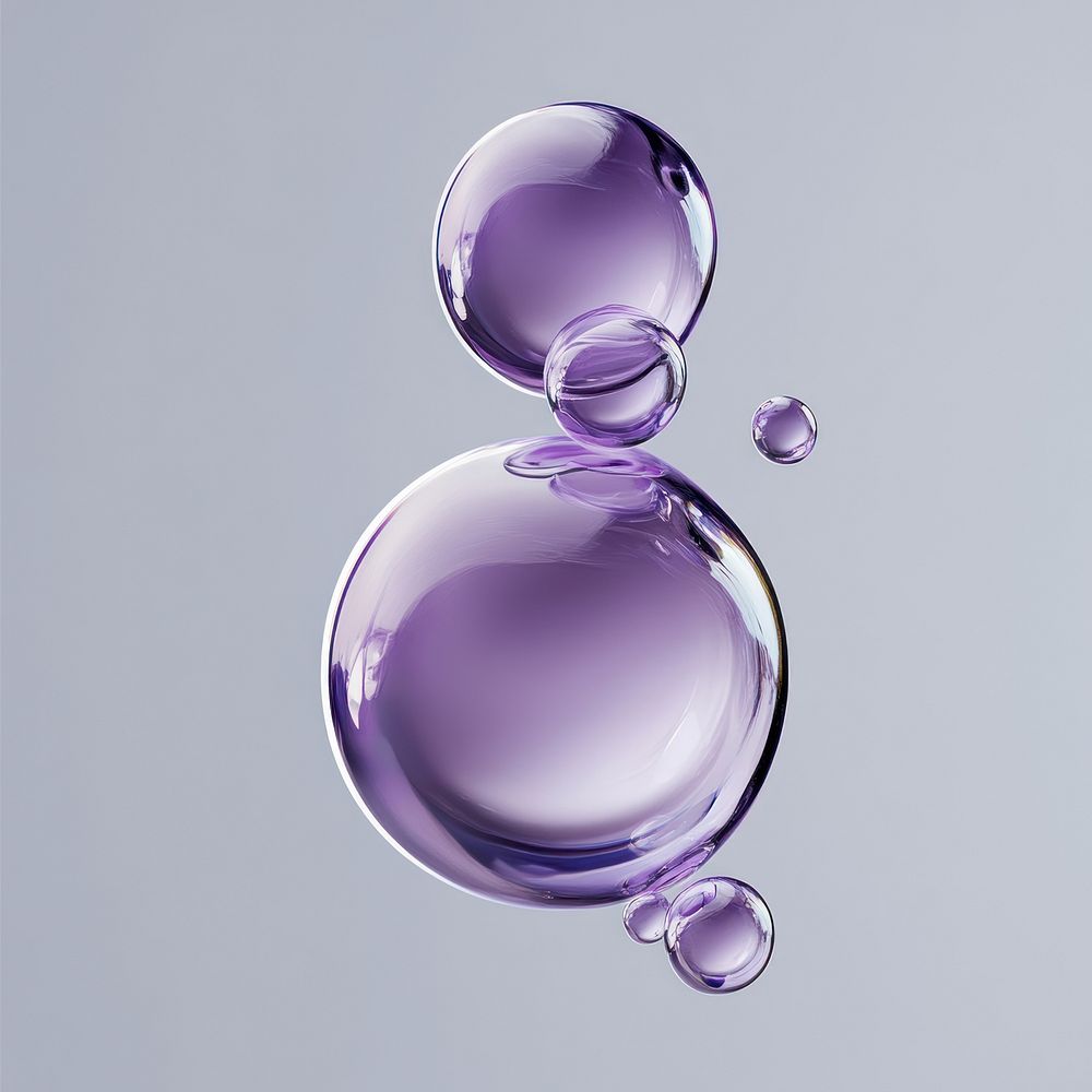 A few group of purple bubbles floating vertical minimalist spheres translucent.