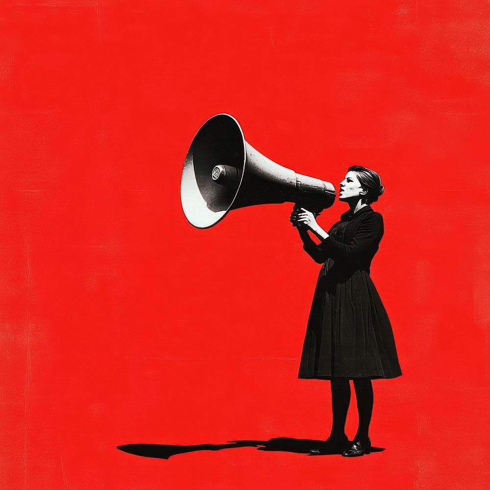 An isolated black and white real woman carry megaphone illustration background graphic.