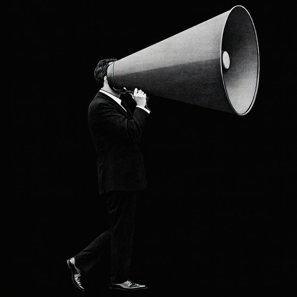 An isolated black and white real man carry a megaphone illustration speech retro.