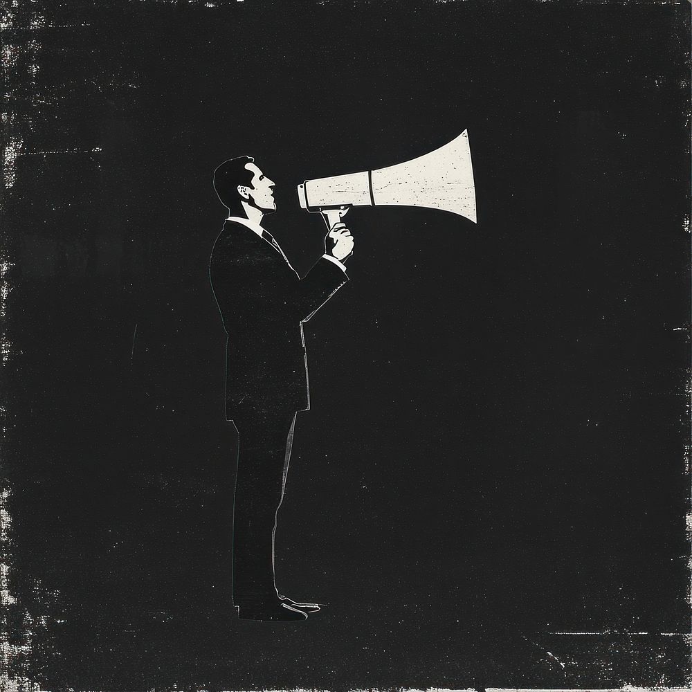 An isolated black and white real man carry a megaphone illustration background retro.