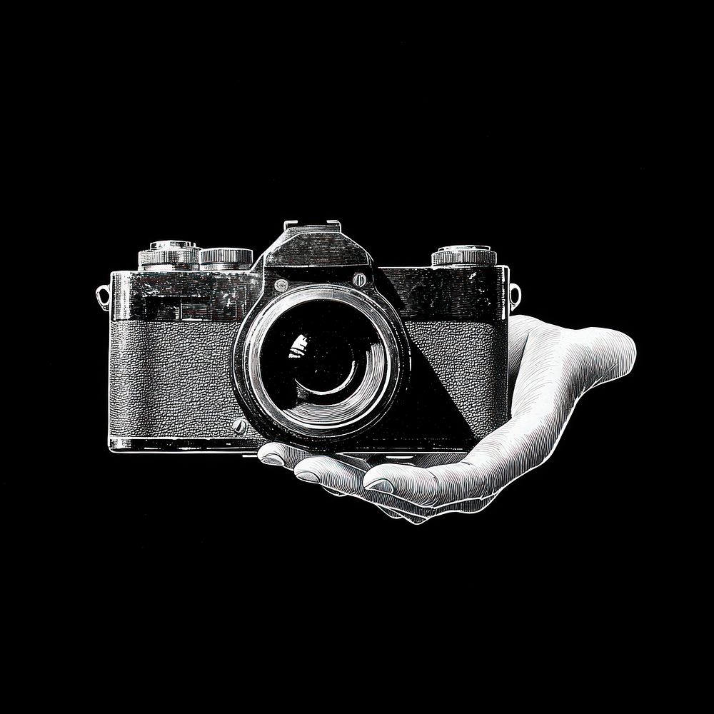 An isolated black and white hand carry camera illustration retro electronics.