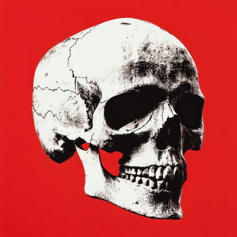 An isolated black and white real skull illustration background red.