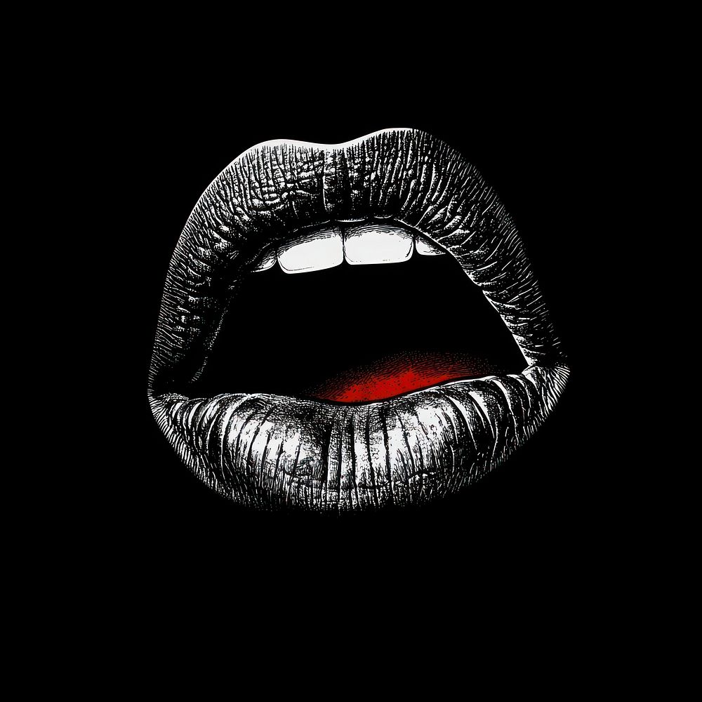 An isolated black and white mouth with red lipstick illustration background black background.