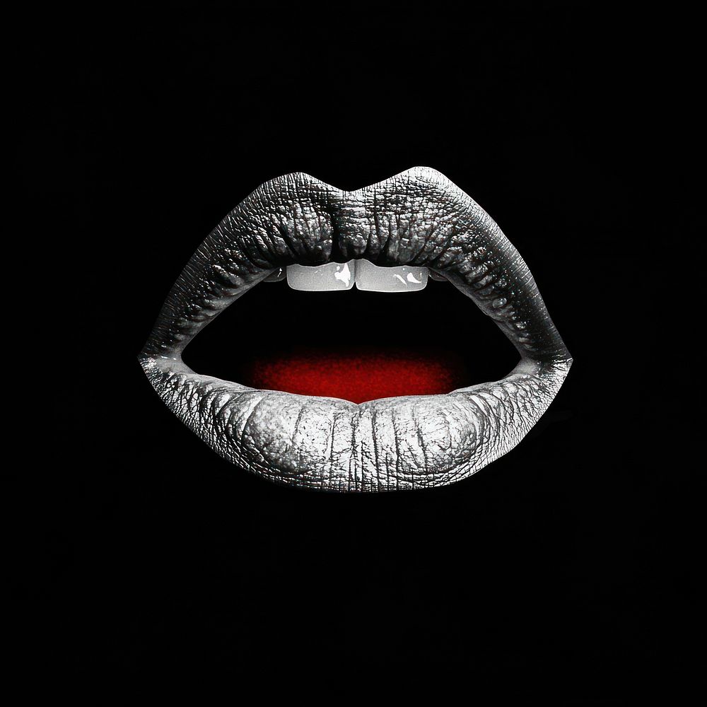 An isolated black and white mouth with red lipstick background style black background.