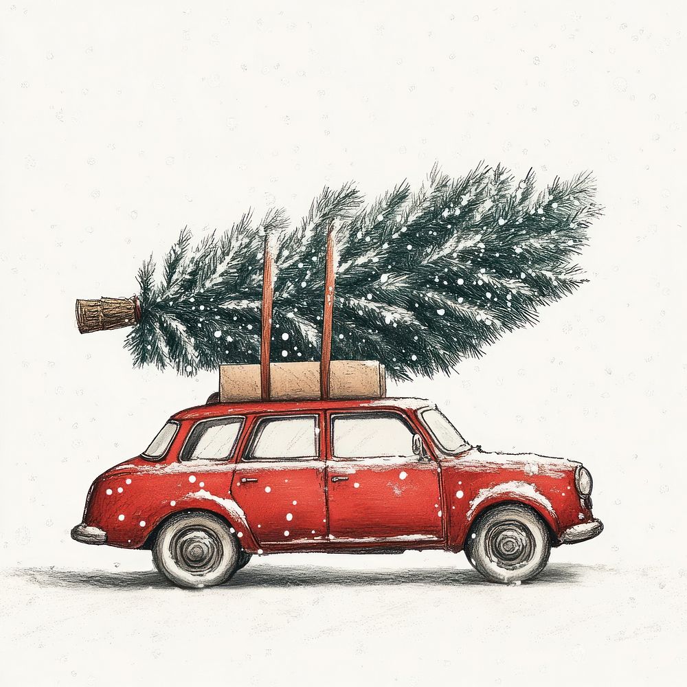 A red retro holiday car tree snow illustration.