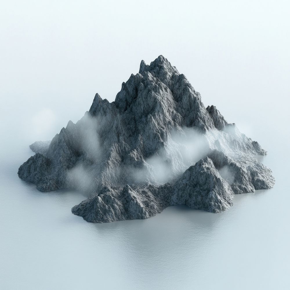 Mysterious island mountain peaks fog.