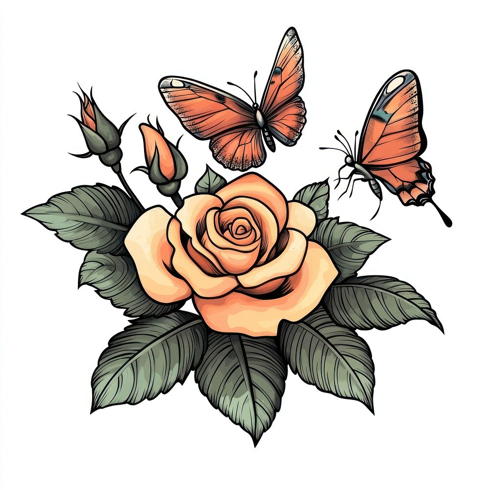 Rose illustration butterflies flowers.