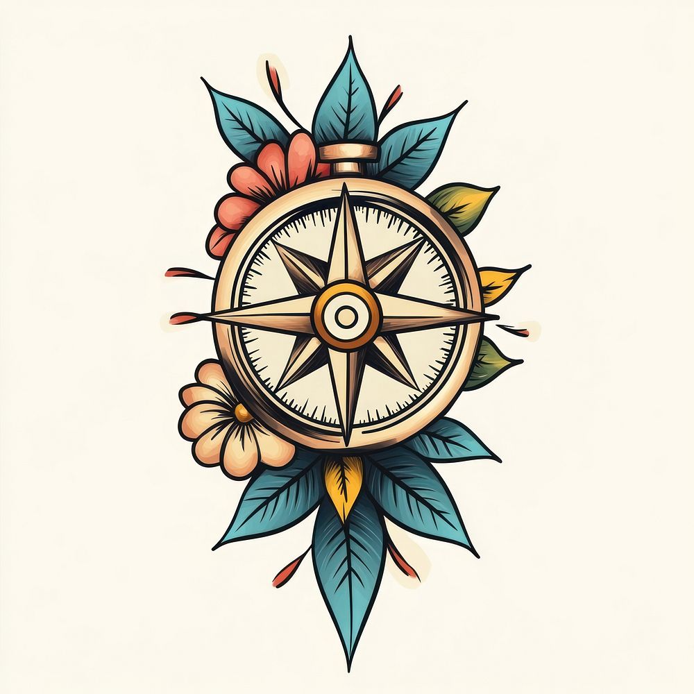 Compass and flower illustration flowers vintage.