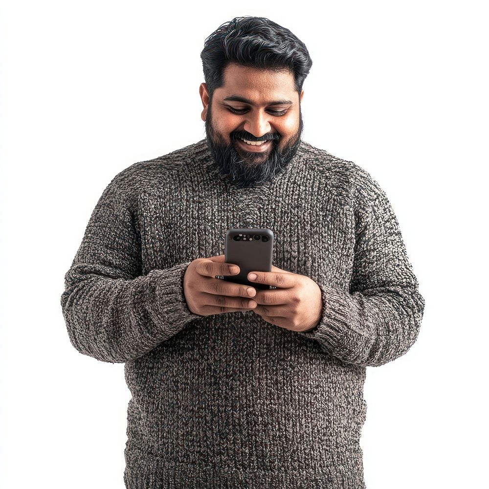 Man playing mobile phone background isolated sweater.