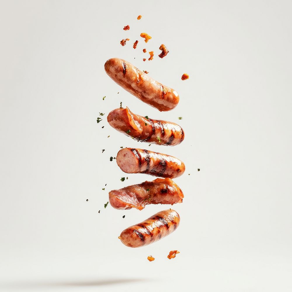 Grill sausages food photography floating.