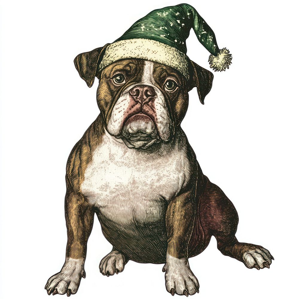 A bull dog wearing elf hat illustration christmas bulldog.