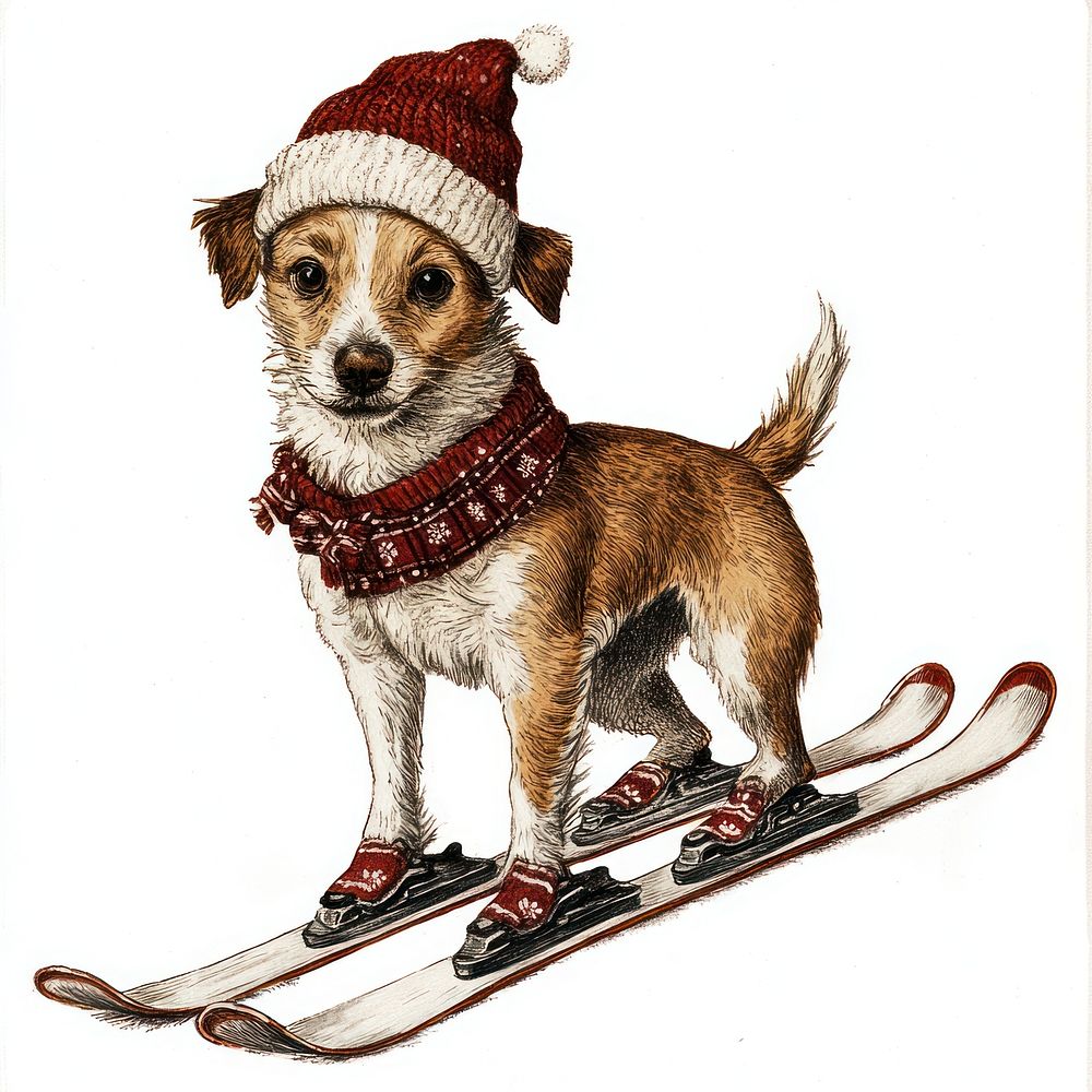 A dog wearing christmas hat skiing illustration clothing skis.