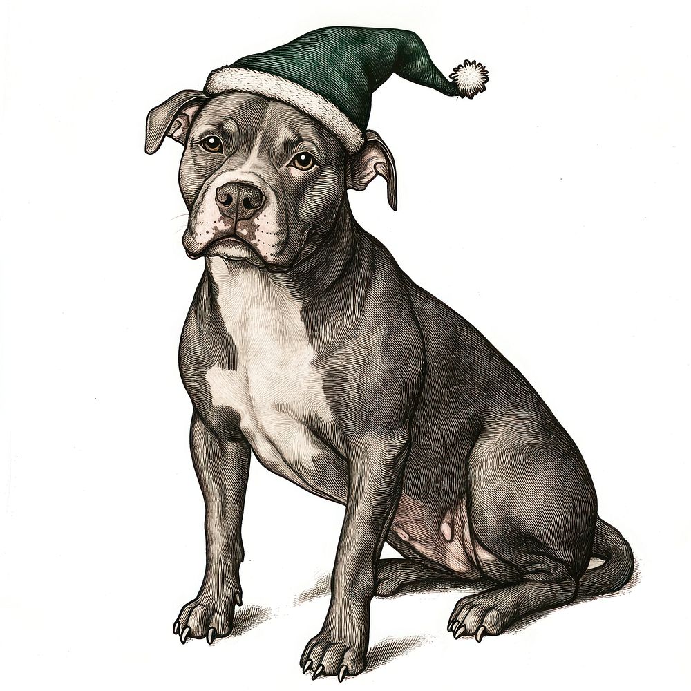 A pitbull dog wearing elf hat illustration christmas canine.