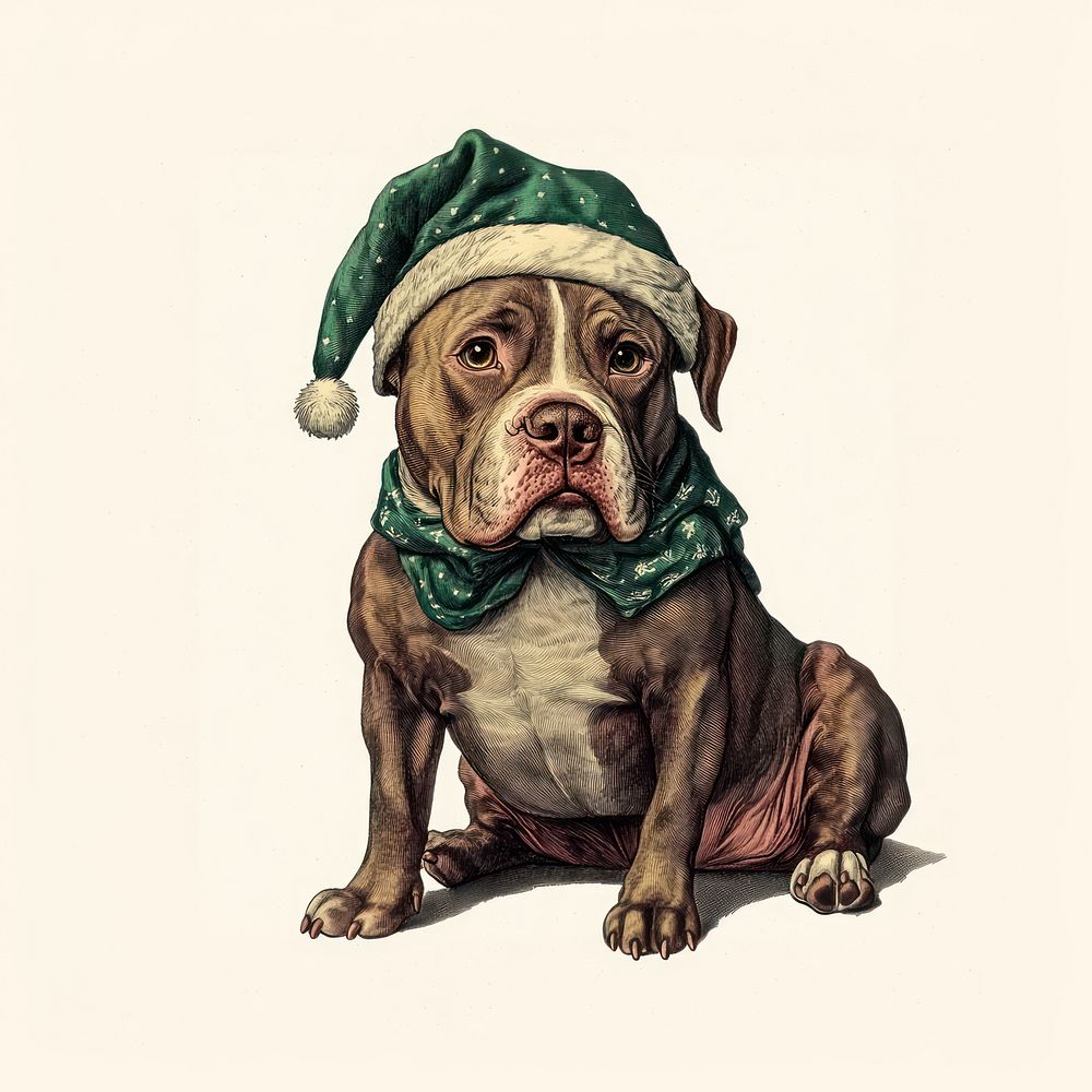 A pitbull dog wearing elf hat illustration christmas animal.