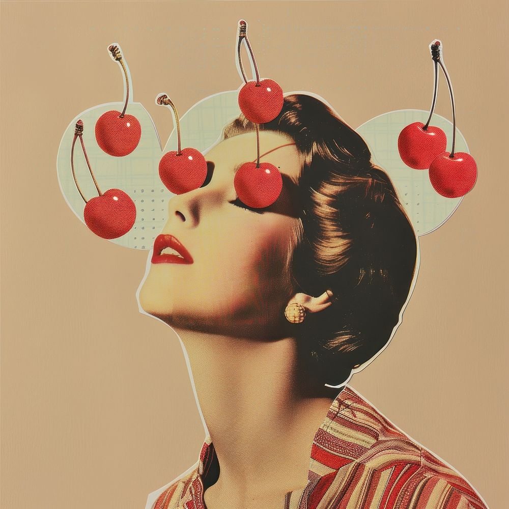 Woman retro paper collage cherry portrait abstract.