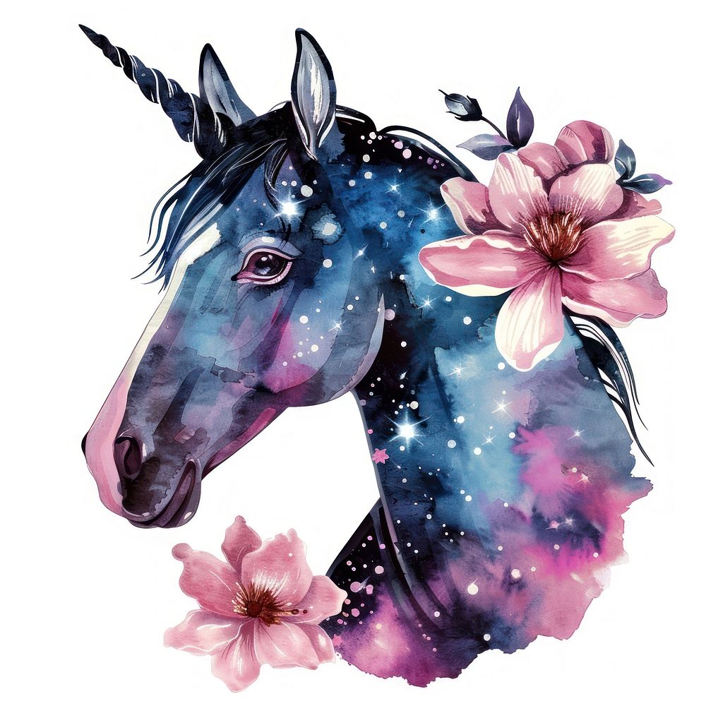 Cute horse head with bloom illustration flowers galaxy.