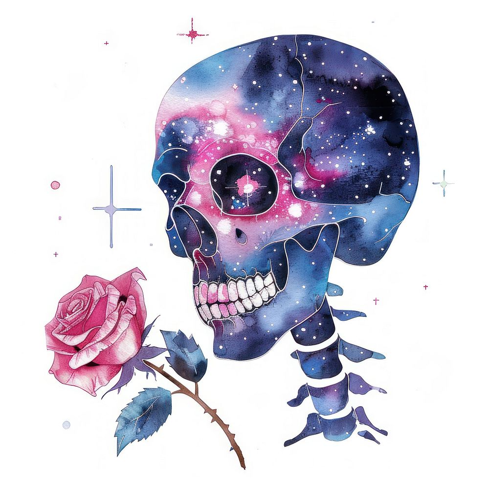 Cute Skull with rose illustration galaxy skull.