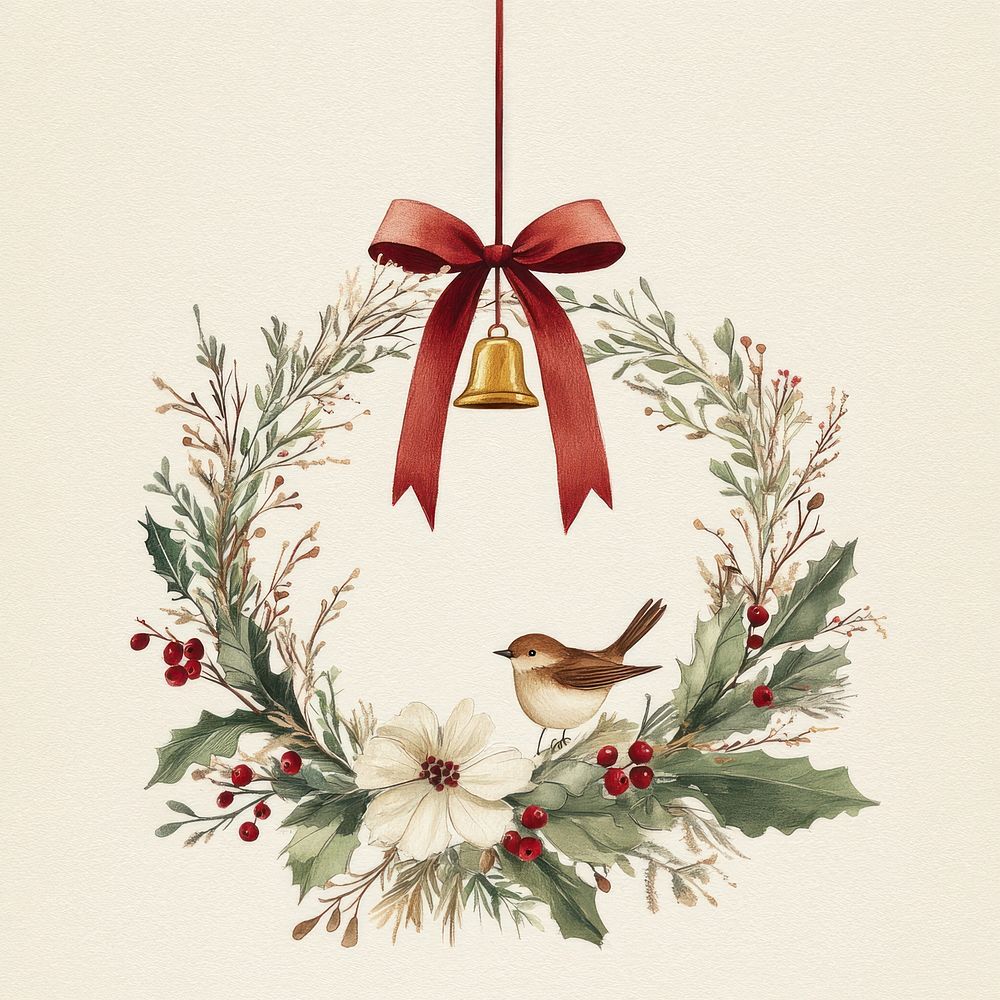 Simple christmas wreath bird illustration festive.