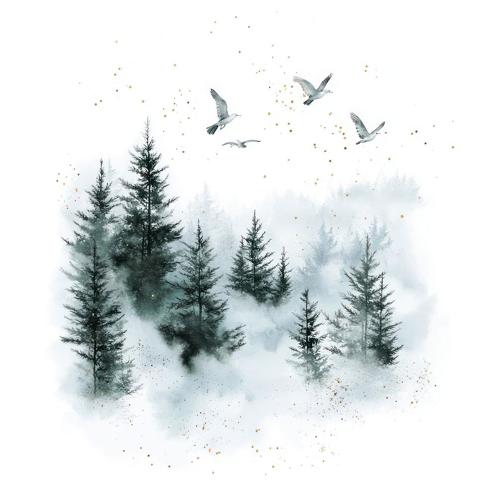 Watercolor snow forest trees birds nature.