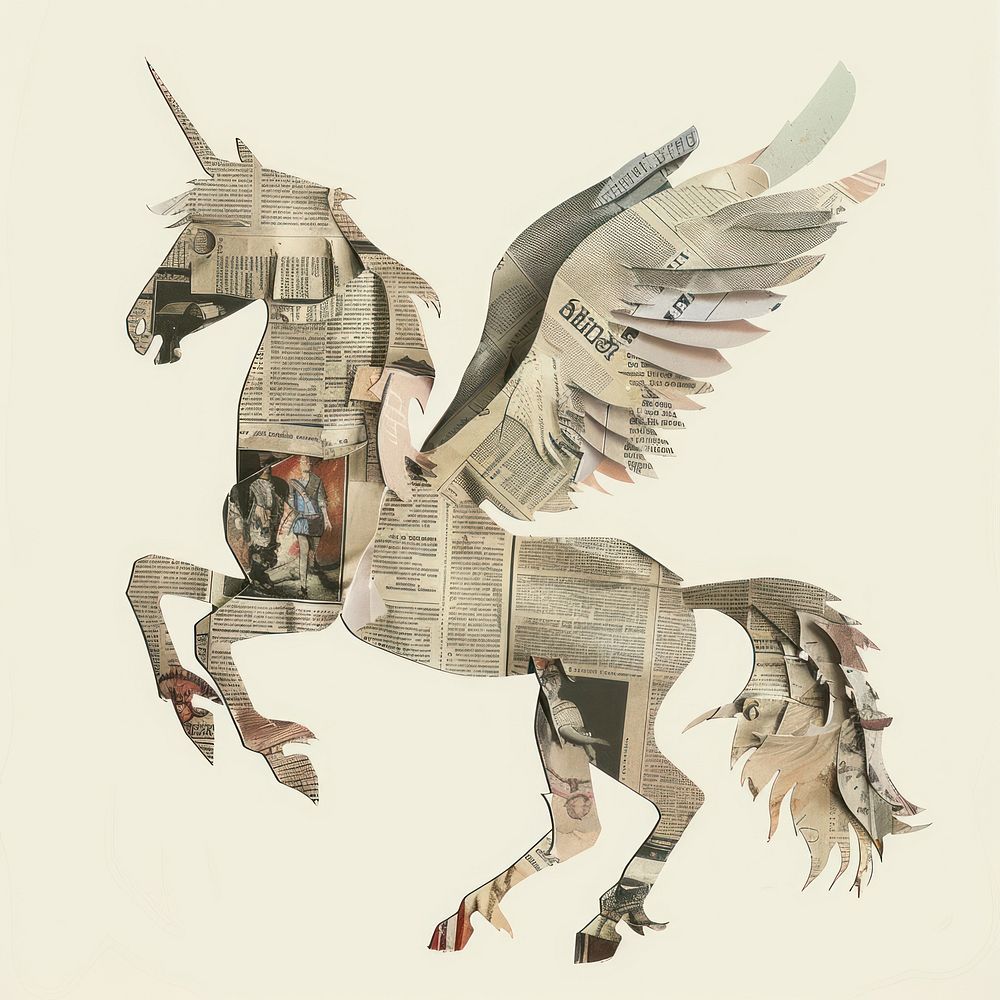 Ephemera paper pegasus art newspaper transportation.