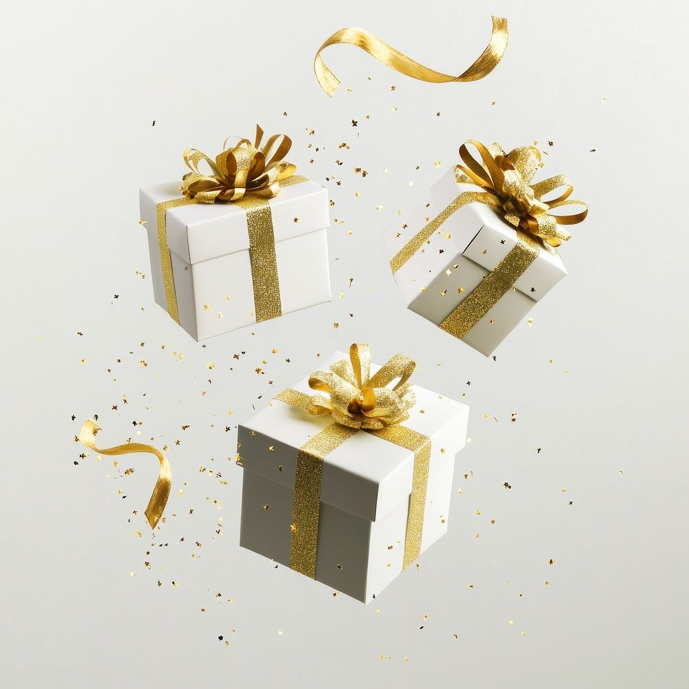 White three gift box floating sparkle ribbon.