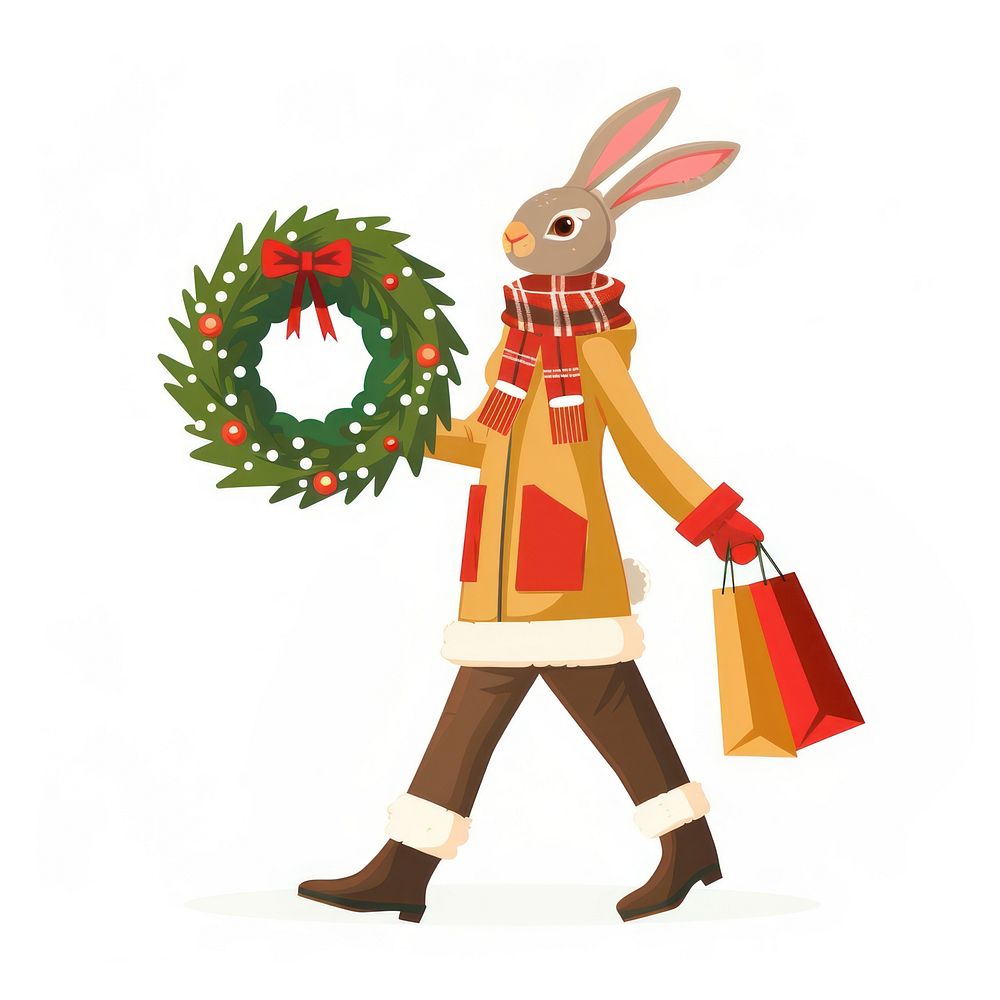 Character holding christmas wreath illustration shopping rabbit.