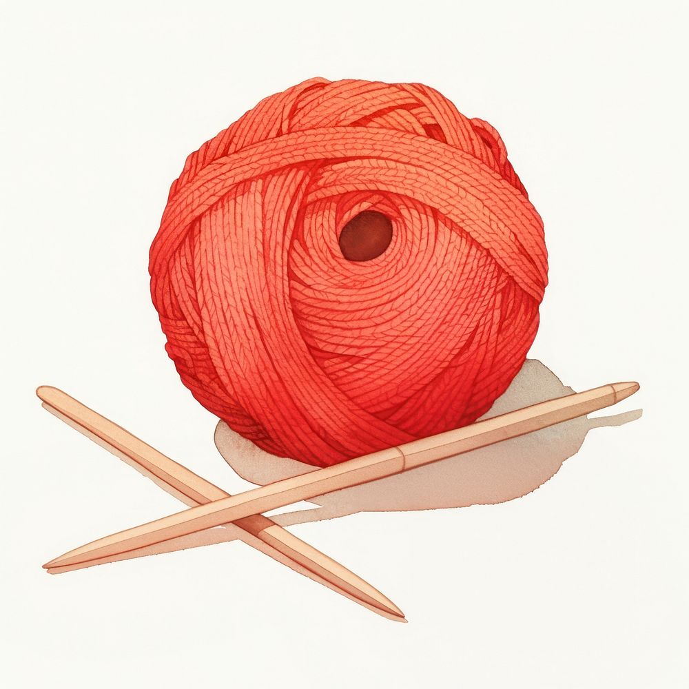 Knitting needles and red yarn ball illustration wool art.